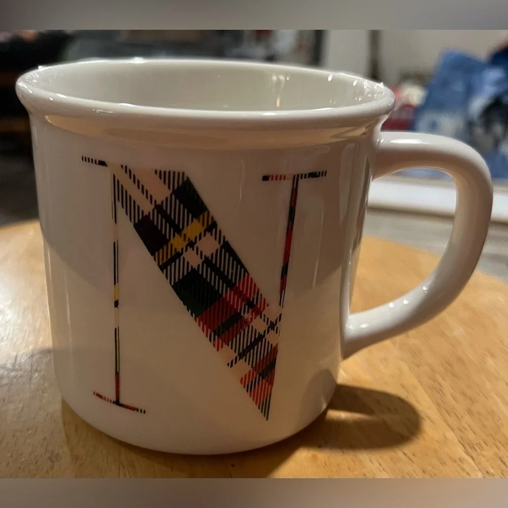 Pottery Barn Monogram Initial Mug Coffee Tea Letter N Plaid Tartan Holiday